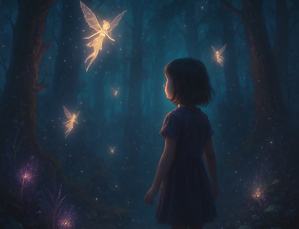 Girl sees glowing fairies in forest—Redurb Dream Guides reveals dream meaning and imagination.