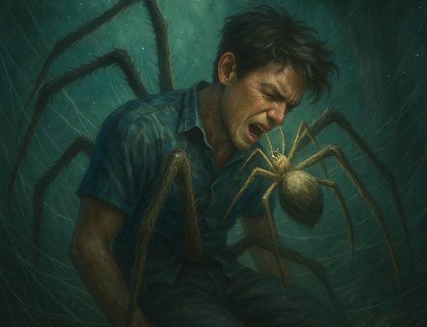Man trapped in web with spider—Redurb Dream Guides reveals hidden fears in dream interpretation.