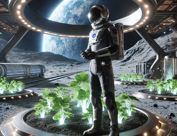 Astronaut tending plants on the moon—Redurb Dream Guides explores futuristic dream interpretation