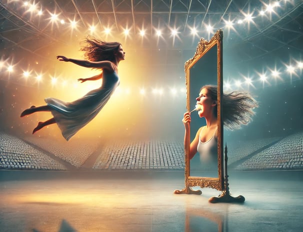 Woman flying into mirror—Redurb Dream Guides explores dream identity and interpretation.