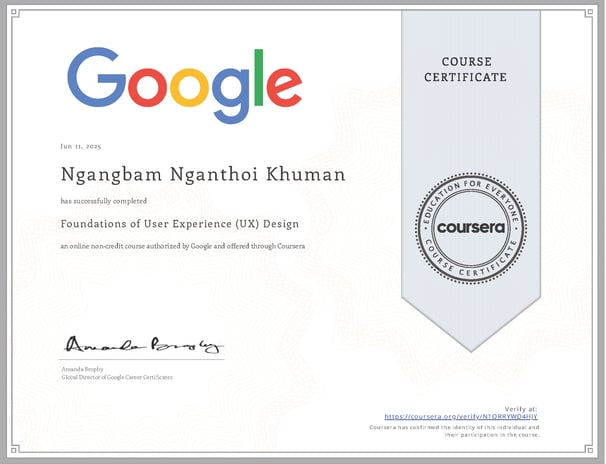 Certificate for Foundations of User Experience (UX) Design by Google