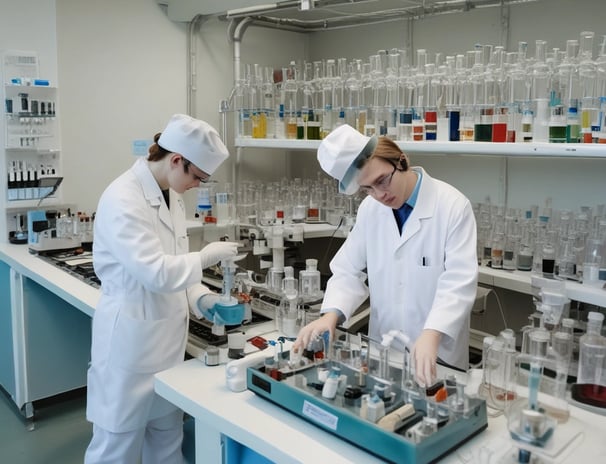 A vintage laboratory setting featuring rows of shelves filled with various glassware and scientific equipment. The room has high ceilings with exposed wooden beams and is illuminated by hanging lamps. The central workbench is cluttered with bottles, flasks, and tubes, indicating a busy and experimental atmosphere.