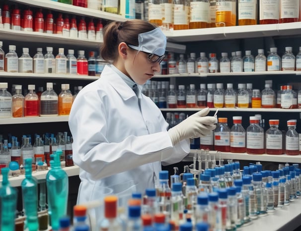 A wooden cabinet with glass doors contains various scientific instruments. In front of the cabinet, there are several brown bottles with blue and white caps placed on a wooden surface.