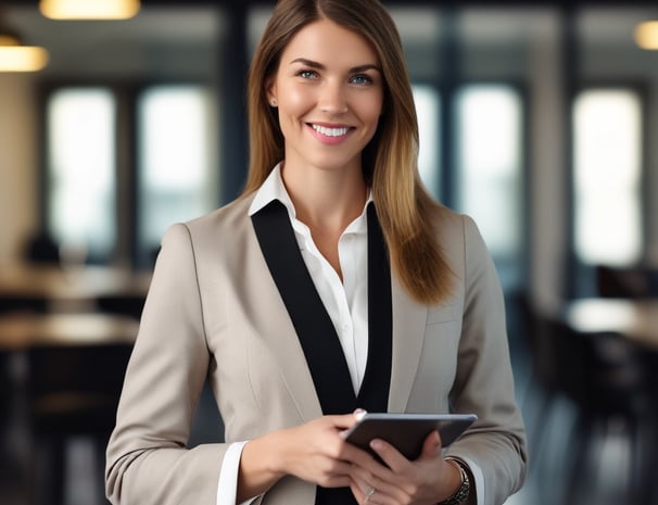 a woman in a suit and tie is holding a tablet computer