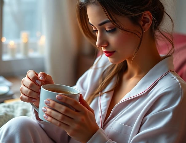 woman sipping tea while wearing pajamas