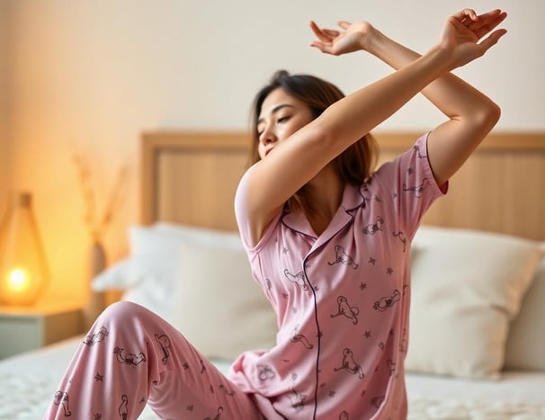 woman stretching while wearing pajamas