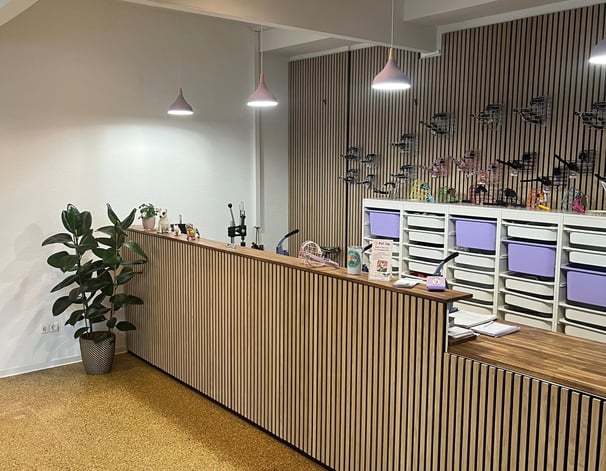 Werkbank-Tresen mit Maulkörben an der Wand, Pflanze im Vordergrund – Beratung im Retro-Stil im Maulk