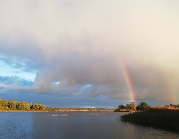 eine wunderschöne schwedische Landschaft, zwei Regenbögen über einem See in Schweden.