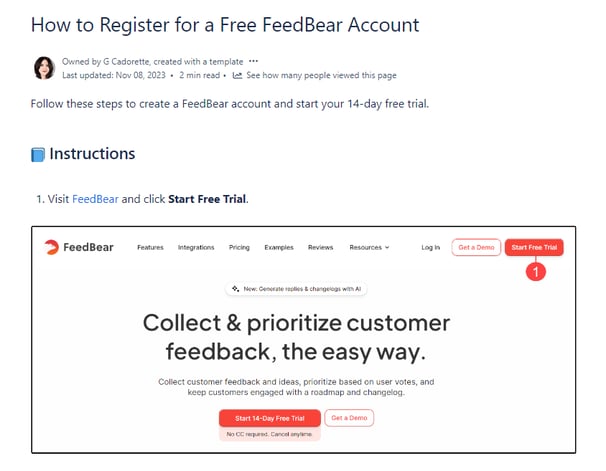 Image of user guide writing sample from Glen Cadorette: how to register for a free account page.