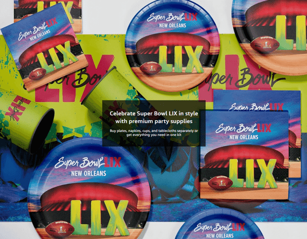 a variety of super bowl party supplies including a super bowl