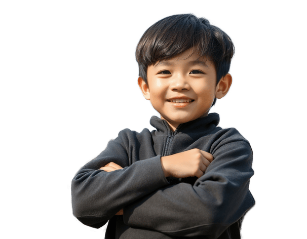 A young kid with his hand crossed and smiling with proudly to click the buttons