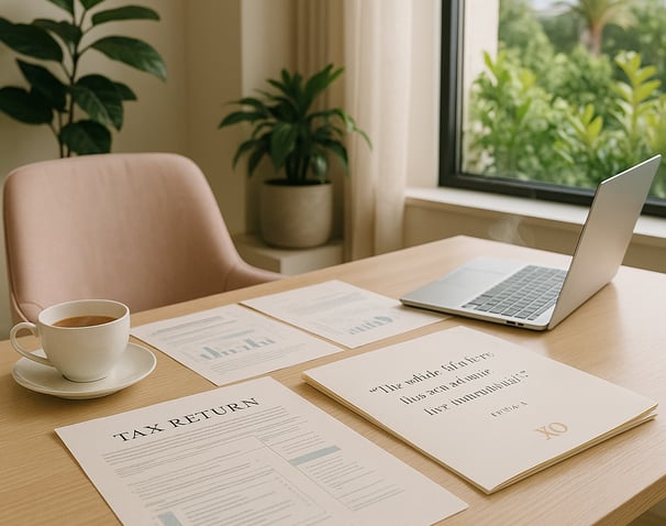 tidy stacks of paperwork titled ‘XO Tax Planning,’ aamic tea mug on a marble surface