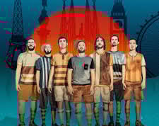 a group of men standing in front of a ferris wheel