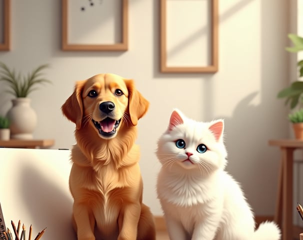 PetArt360 – kişiye özel evcil hayvan portresi, yan yana duran kedi ve köpek figürü