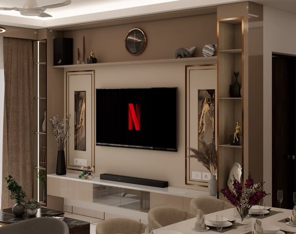 Theater area with TV unit with with 55 inch 4K TV with a high end sound system