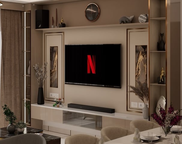 Theater area with TV unit with with 55 inch 4K TV with a high end sound system