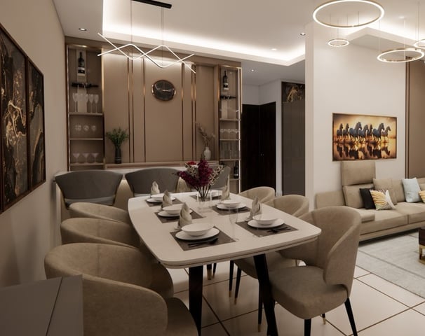 Dinning area furnished with a tastefull dinning table and 6 plush chairs
