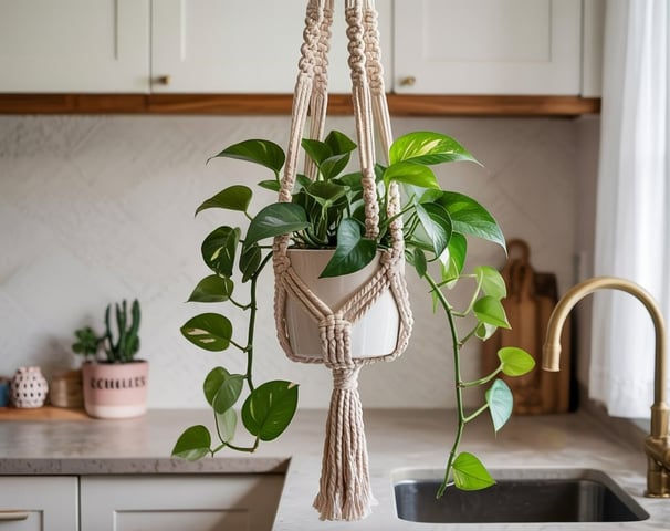 macrame hanger in boho kitchen