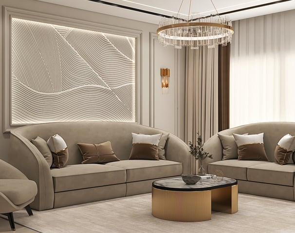 A living room with a couch and a chandelier.