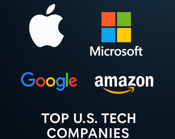 Top U.S. tech companies graphic featuring logos of Apple, Microsoft, Google, and Amazon