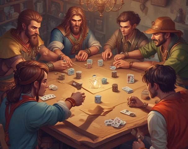 A board game is being played with various cards laid out on a table. Small cone-shaped markers and a die are visible. A person is interacting with the game, with their arm partially in view, suggesting active participation.