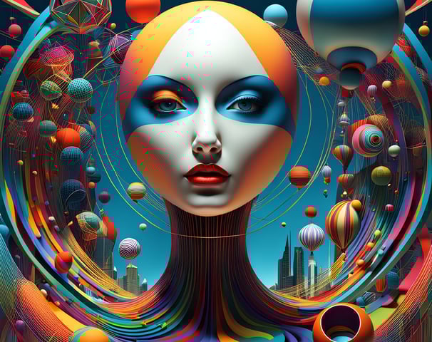 An AI artistic surrealistic painting of the head of a female android amidst a whirlwind of spheres