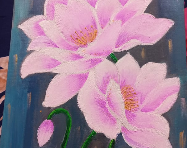 a painting of two pink flowers on a table