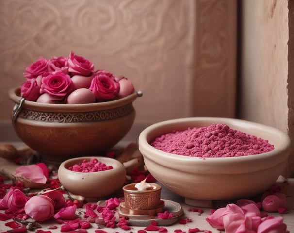 Earthware bowls containing rose petals and clay powders used in Moroccan bath rituals, showcasing a serene and southing scene