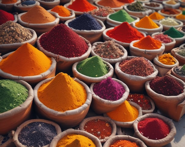 Picture of a Moroccan spice market with multiple pyramids of vibrantly coloured spices like chilli powder and henna 