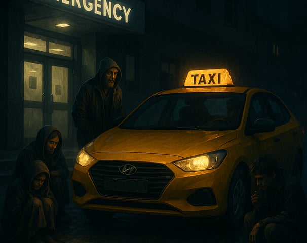 a taxi cab cab, with a man sitting on the sidewalk