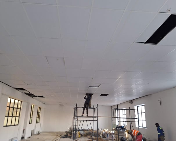 Suspended ceiling nearing completion for commercial renovation project, Belair Shopping Centre, Randburg