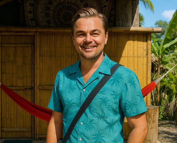 leonardo dicaprio en palomino, la guajira. Frente a la cabaña rústica en el Hostal Palomino EcoHouse