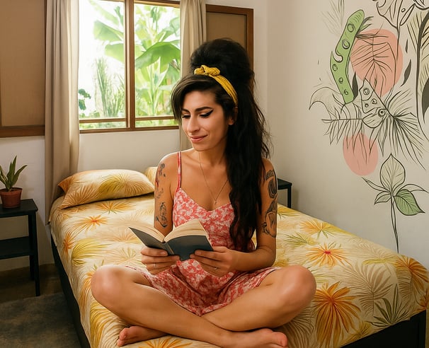 amy winehouse en la habitación rpivada leyendo un libro. Hostal Palomino EcoHouse