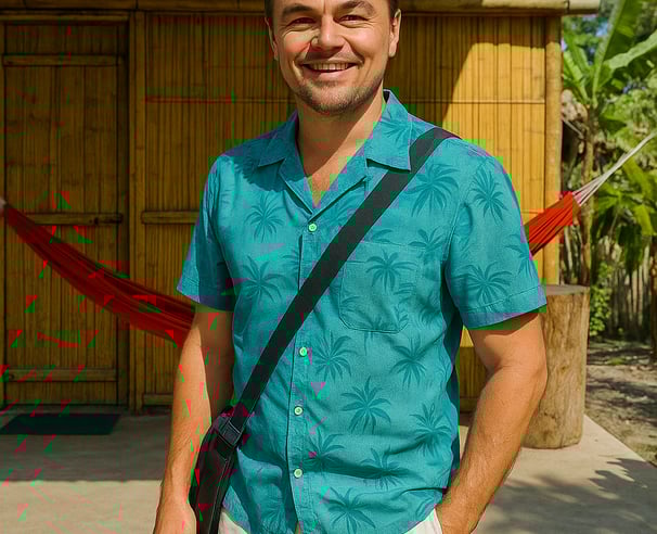 leonardo dicaprio en palomino, la guajira. Frente a la cabaña rústica en el Hostal Palomino EcoHouse