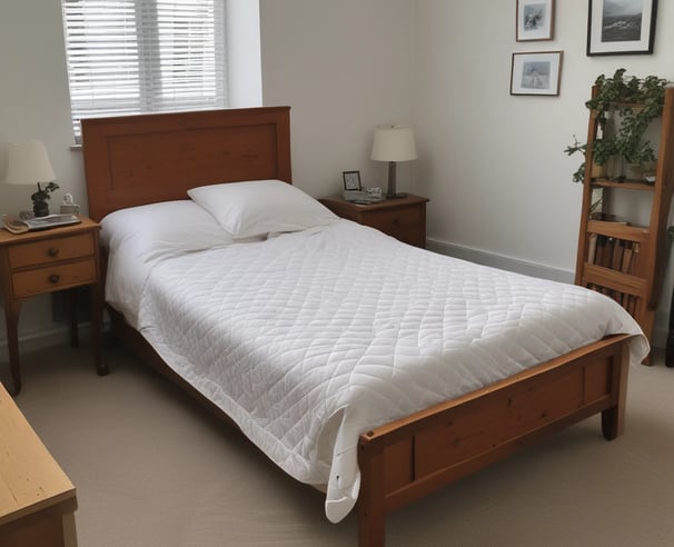 A well-furnished bedroom featuring a double bed with white linens and two decorative pillows on a soft headboard. A small, gray sofa with a bright yellow pillow sits at the foot of the bed. The walls are adorned with a subtle floral pattern. There is a lamp and telephone on the bedside table, and a small desk in the corner with a chair. A decorative lamp with a blue and white pattern and a silver coffee maker are on a side table.