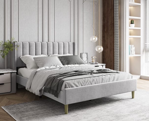 grey bed frame with green legs
