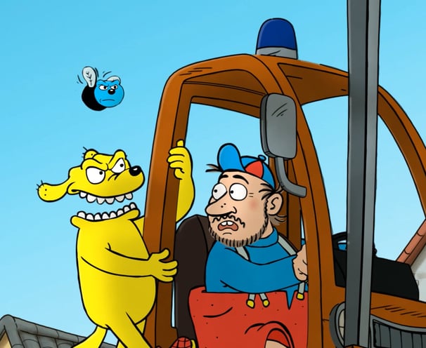 a cartoonish picture of a man in a construction crane