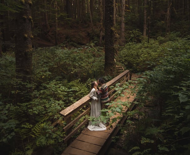 couple eloping at rainforest train in British Columbia 