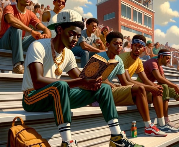 FAMU a painting of a man sitting on a bench with a book