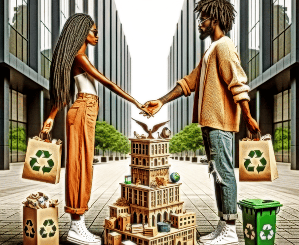 a couple holding hands and holding hands with recycling bins