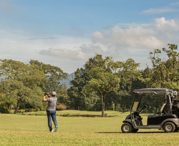 a man standing in a field with a golf carton