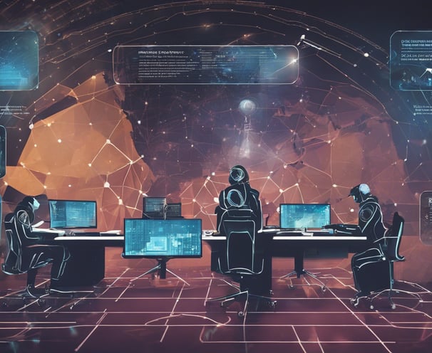 a group of people sitting at a table with computers