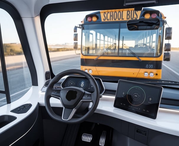 a bus with a steering wheel and dashboard