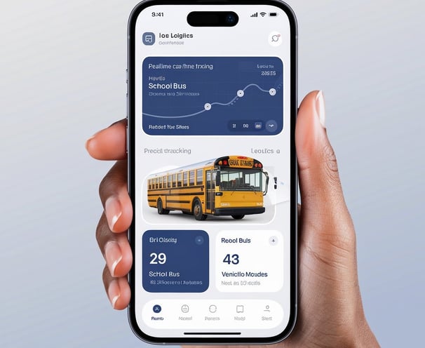 a person holding a cell phone with a school bus in the background
