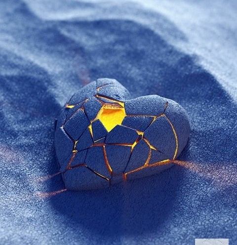 Un cœur avec des émaux bleus et une lumière dorée à l'intérieur posé sur du sable bleu, amour