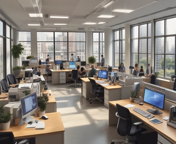 A group of employees working at desks or in groups in a large office.