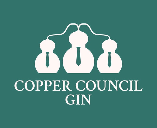 Copper Council stacked logo. Outlines of three stills with ties, with the text "Copper Council Gin" beneath.