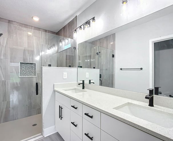 Before and after transformation of outdated bathroom into spa-style retreat with efficient layout an