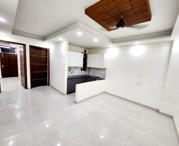 Living Room with Open Modular Kitchen of 2 BHK Modern Builder Floor with Balconies — Chattarpur