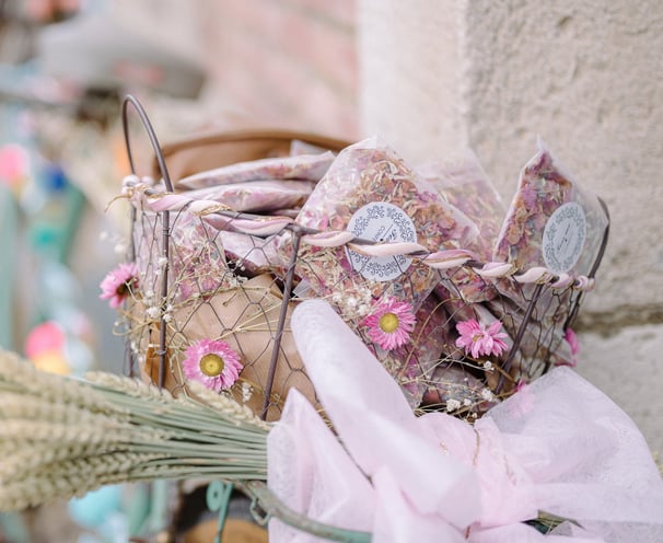 a bicycle with a wedding basket and pink flowers on it